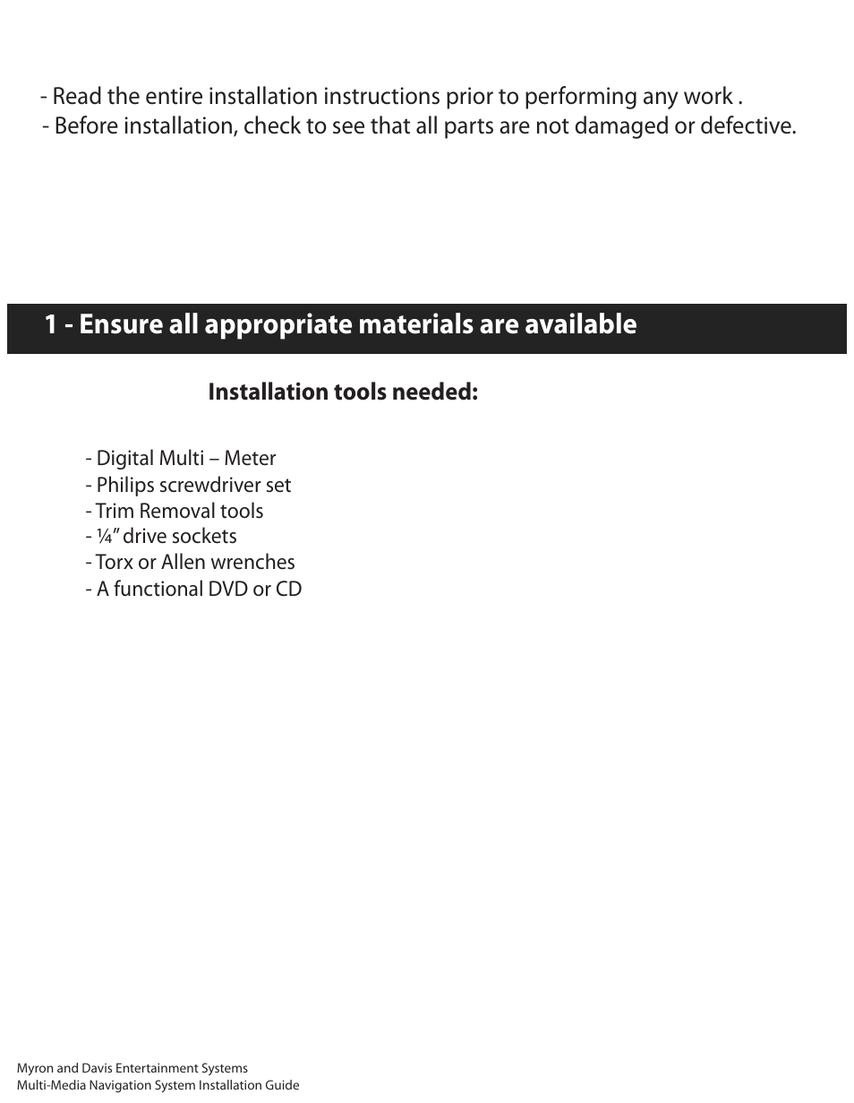 1 - ensure all appropriate materials are available | Myron&Davis NV8ACC1 User Manual | Page 2 / 14