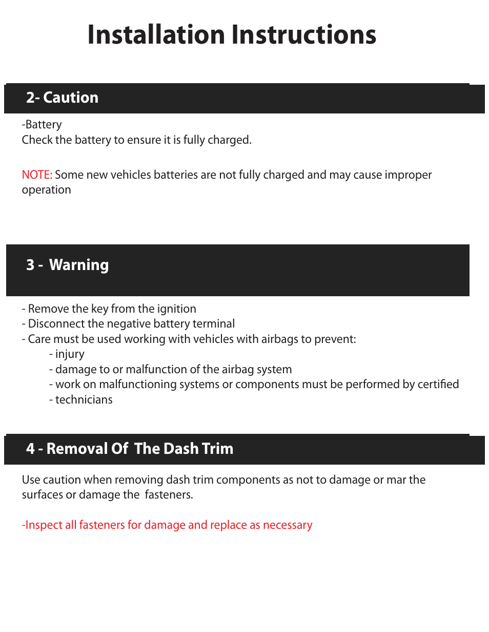 Installation instructions, Caution, 3 - warning | 4 - removal of the dash trim | Myron&Davis NV8ACC1 User Manual | Page 3 / 14