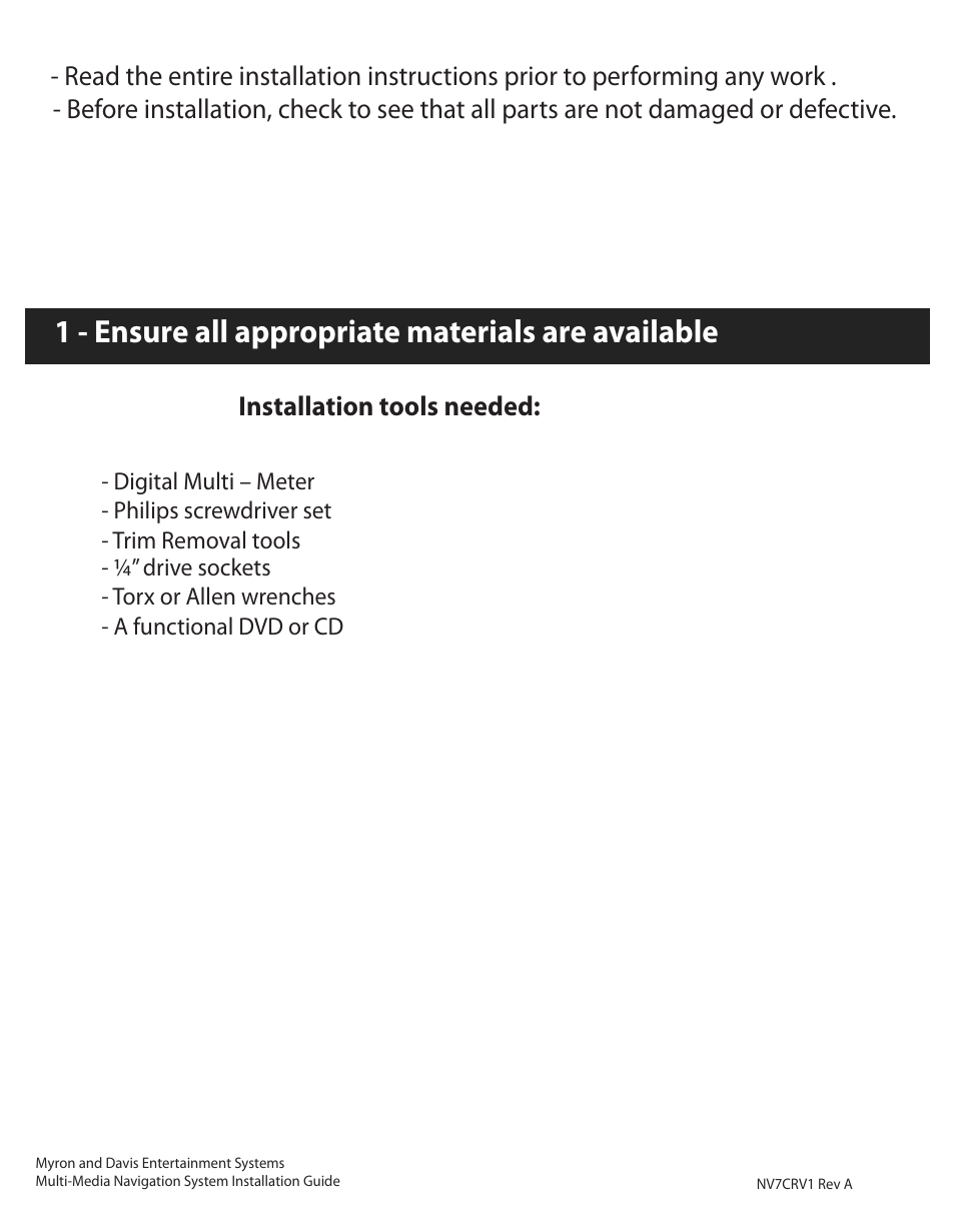 1 - ensure all appropriate materials are available, Installation tools needed | Myron&Davis NV7CRV1 User Manual | Page 2 / 10