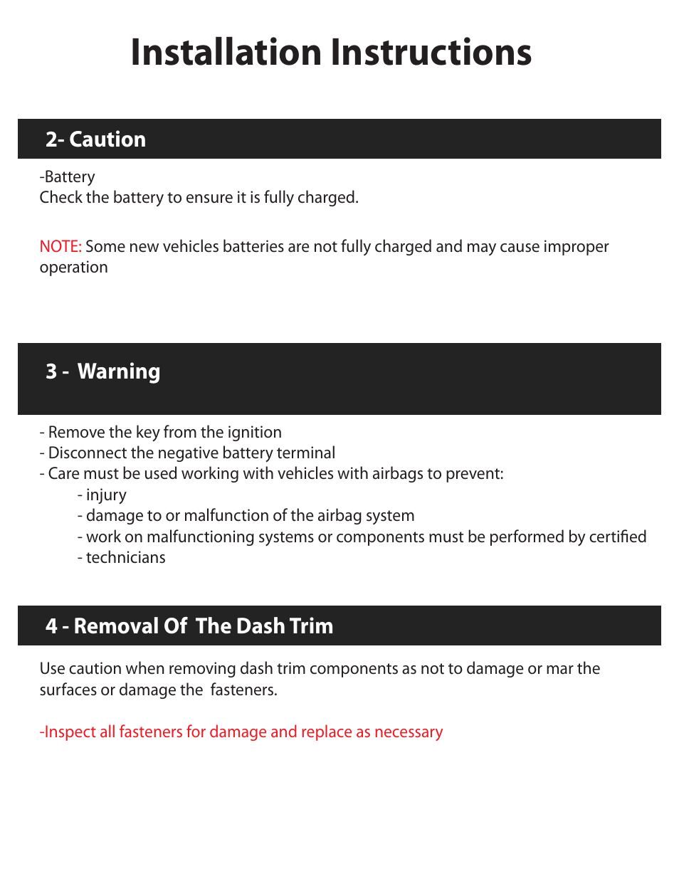 Installation instructions, Caution, 3 - warning | 4 - removal of the dash trim | Myron&Davis NV7CRV1 User Manual | Page 3 / 10