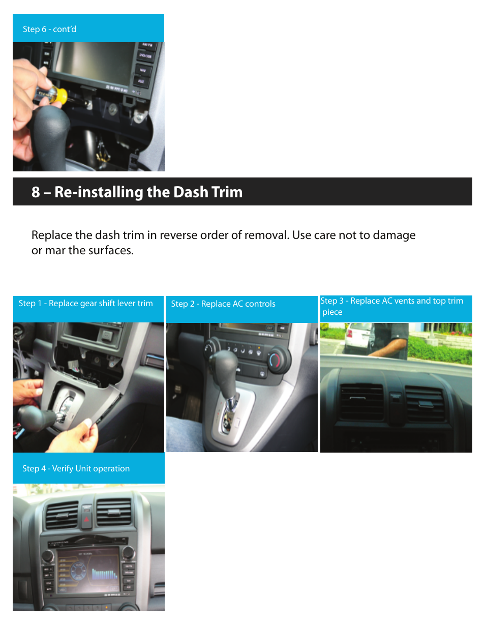 8 – re-installing the dash trim | Myron&Davis NV7CRV1 User Manual | Page 8 / 10