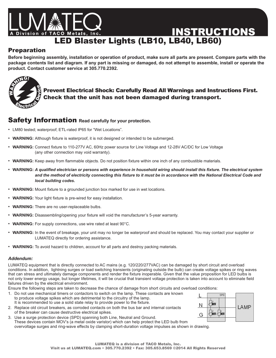 LUMATEQ LB40 Low Voltage User Manual | 2 pages