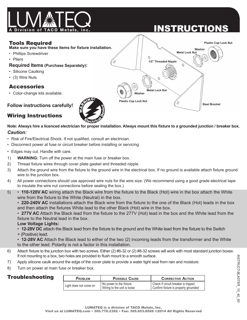 Instructions, Wiring instructions, Troubleshooting | Tools required, Accessories | LUMATEQ LB40 Low Voltage User Manual | Page 2 / 2