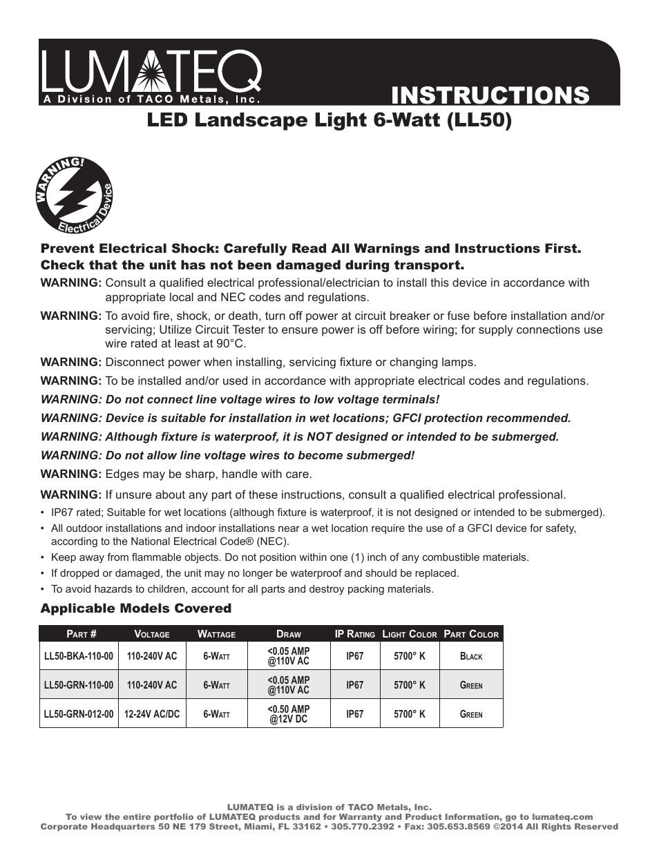 LUMATEQ LL50 User Manual | 2 pages