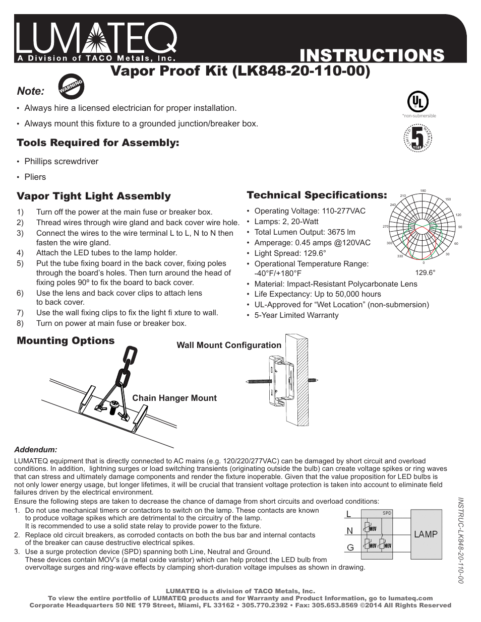 Instructions, Tools required for assembly, Vapor tight light assembly | Mounting options, Technical specifications | LUMATEQ LK848-20-110-00 User Manual | Page 2 / 2