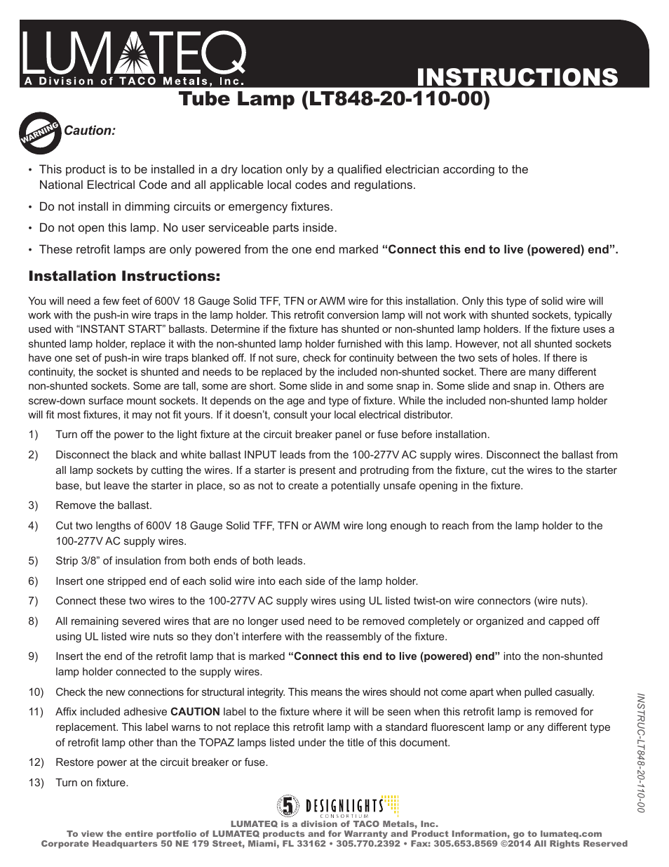Instructions, Installation instructions | LUMATEQ LT848-20-110-00 User Manual | Page 2 / 2