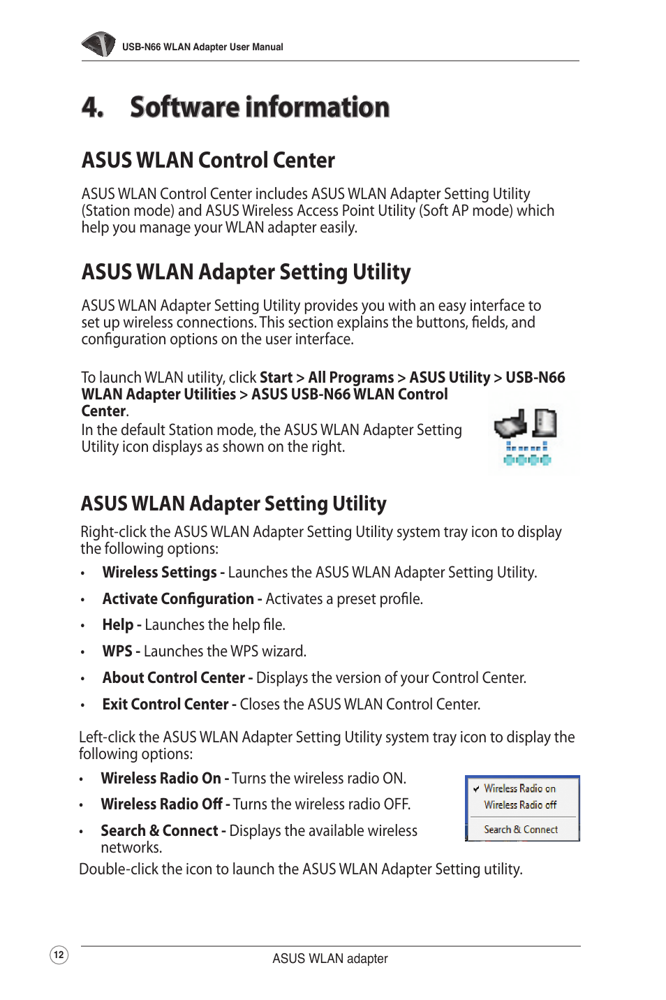 Software information, Asus wlan control center, Asus wlan card setting utility | Asus wlan adapter setting utility | Asus USB-N66 User Manual | Page 12 / 35