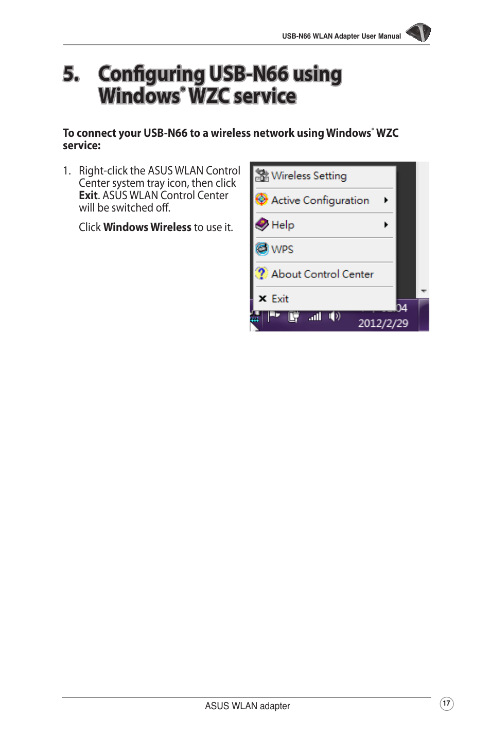 Configuring usb-n66 using windows® wzc service, Configuring usb-n66 using windows, Wzc service | Asus USB-N66 User Manual | Page 17 / 35