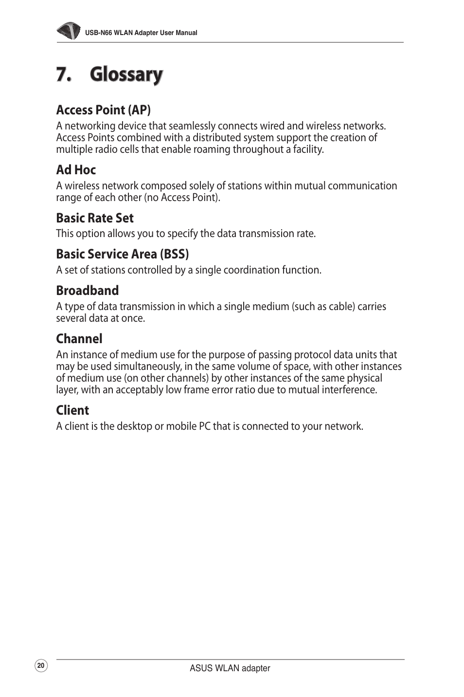 Glossary | Asus USB-N66 User Manual | Page 20 / 35