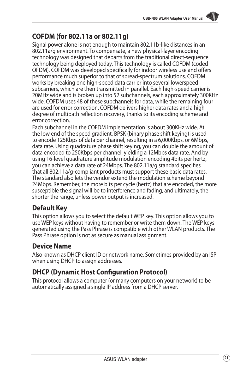 Default key, Device name, Dhcp (dynamic host configuration protocol) | Asus USB-N66 User Manual | Page 21 / 35