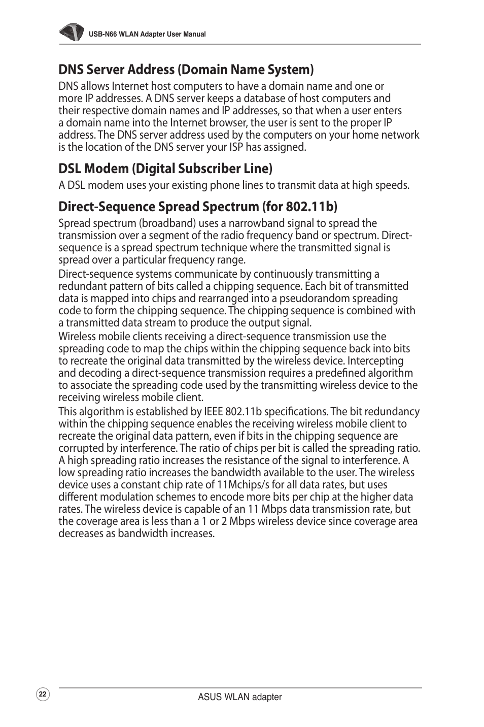 Dns server address (domain name system), Dsl modem (digital subscriber line) | Asus USB-N66 User Manual | Page 22 / 35