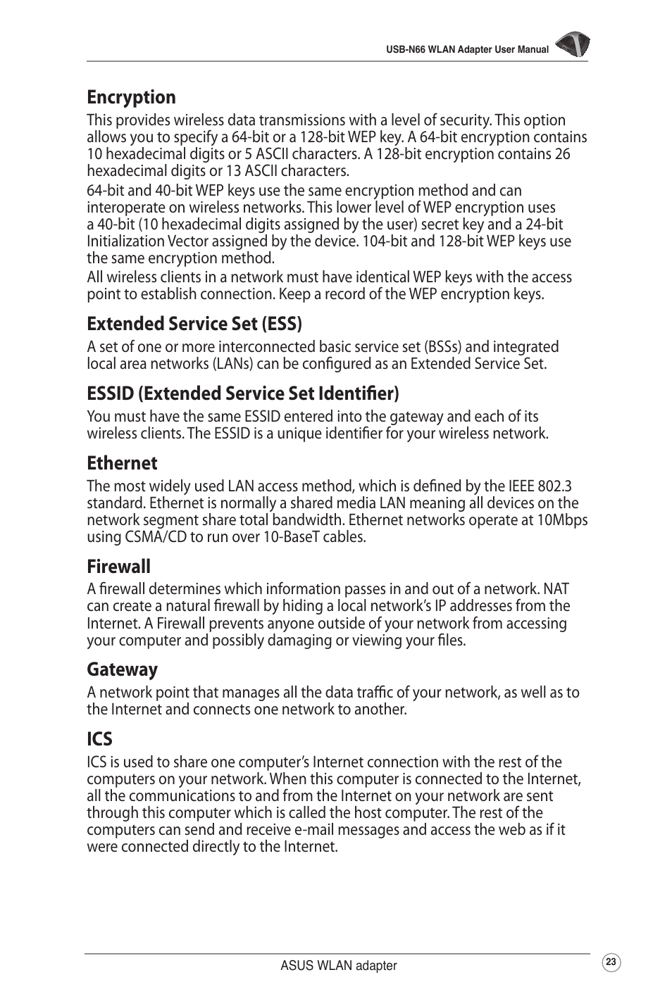 Encryption, Extended service set (ess), Essid (extended service set identifier) | Ethernet, Firewall, Gateway | Asus USB-N66 User Manual | Page 23 / 35