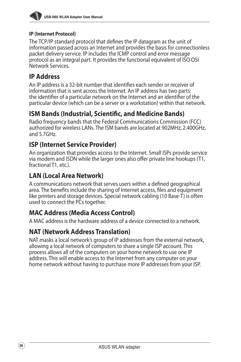 Ip address, Isp (internet service provider), Lan (local area network) | Mac address (media access control), Nat (network address translation) | Asus USB-N66 User Manual | Page 26 / 35