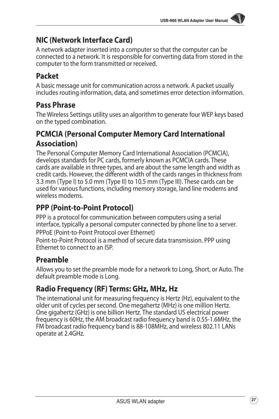 Nic (network interface card), Packet, Pass phrase | Ppp (point-to-point protocol), Preamble, Radio frequency (rf) terms: ghz, mhz, hz | Asus USB-N66 User Manual | Page 27 / 35