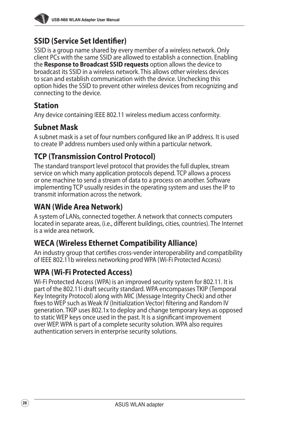 Ssid (service set identifier), Station, Subnet mask | Tcp (transmission control protocol), Wan (wide area network), Weca (wireless ethernet compatibility alliance), Wpa (wi-fi protected access) | Asus USB-N66 User Manual | Page 28 / 35