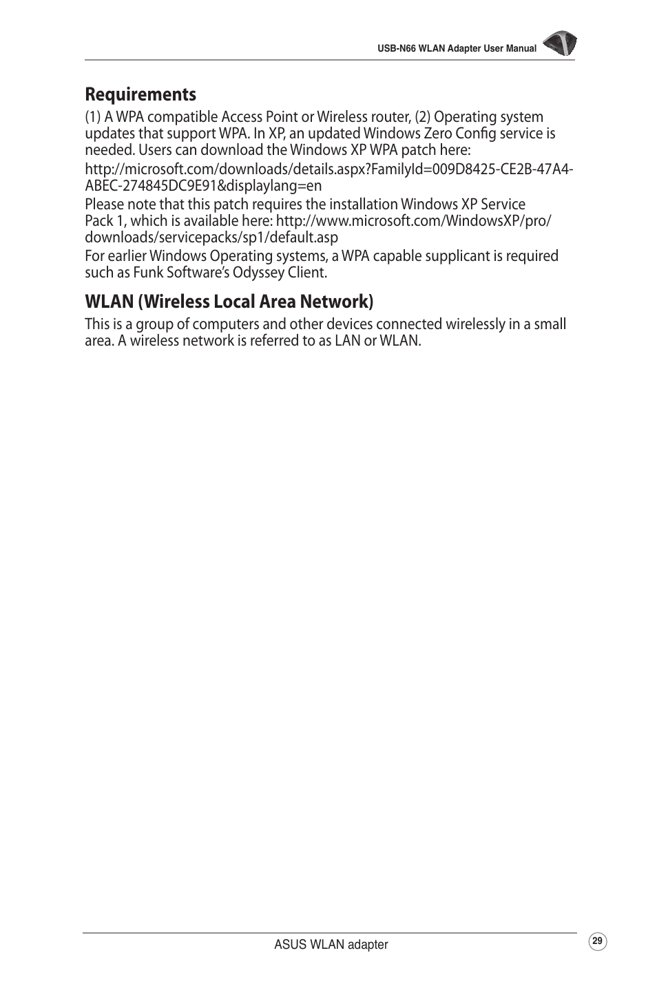 Requirements, Wlan (wireless local area network) | Asus USB-N66 User Manual | Page 29 / 35
