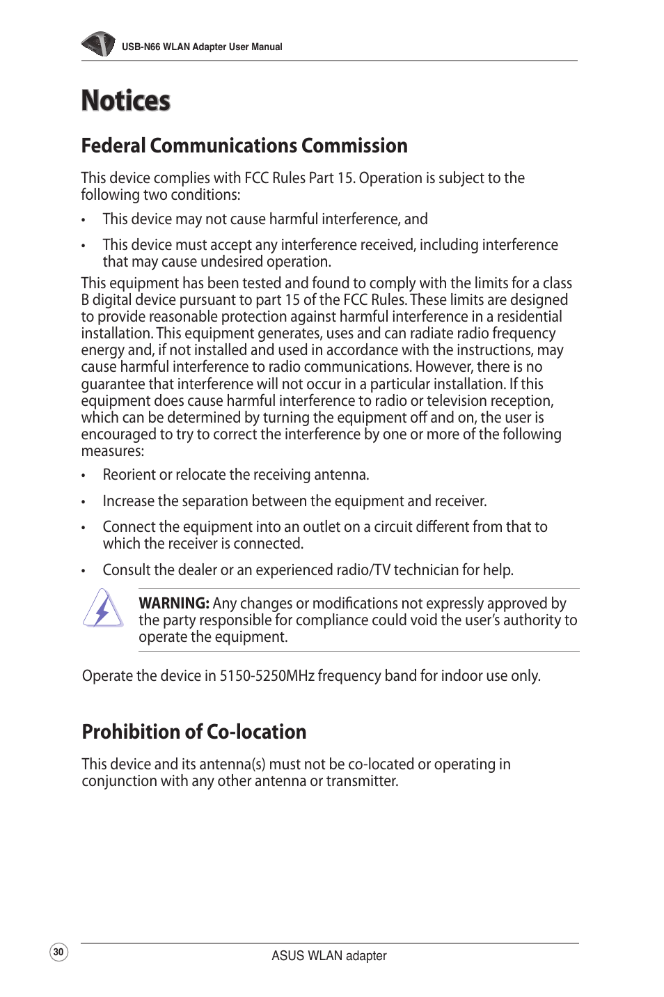 Notices, Federal communications commission, Prohibition of co-location | Asus USB-N66 User Manual | Page 30 / 35