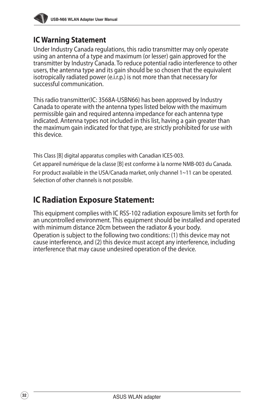 Ic radiation exposure statement, Ic warning statement | Asus USB-N66 User Manual | Page 32 / 35