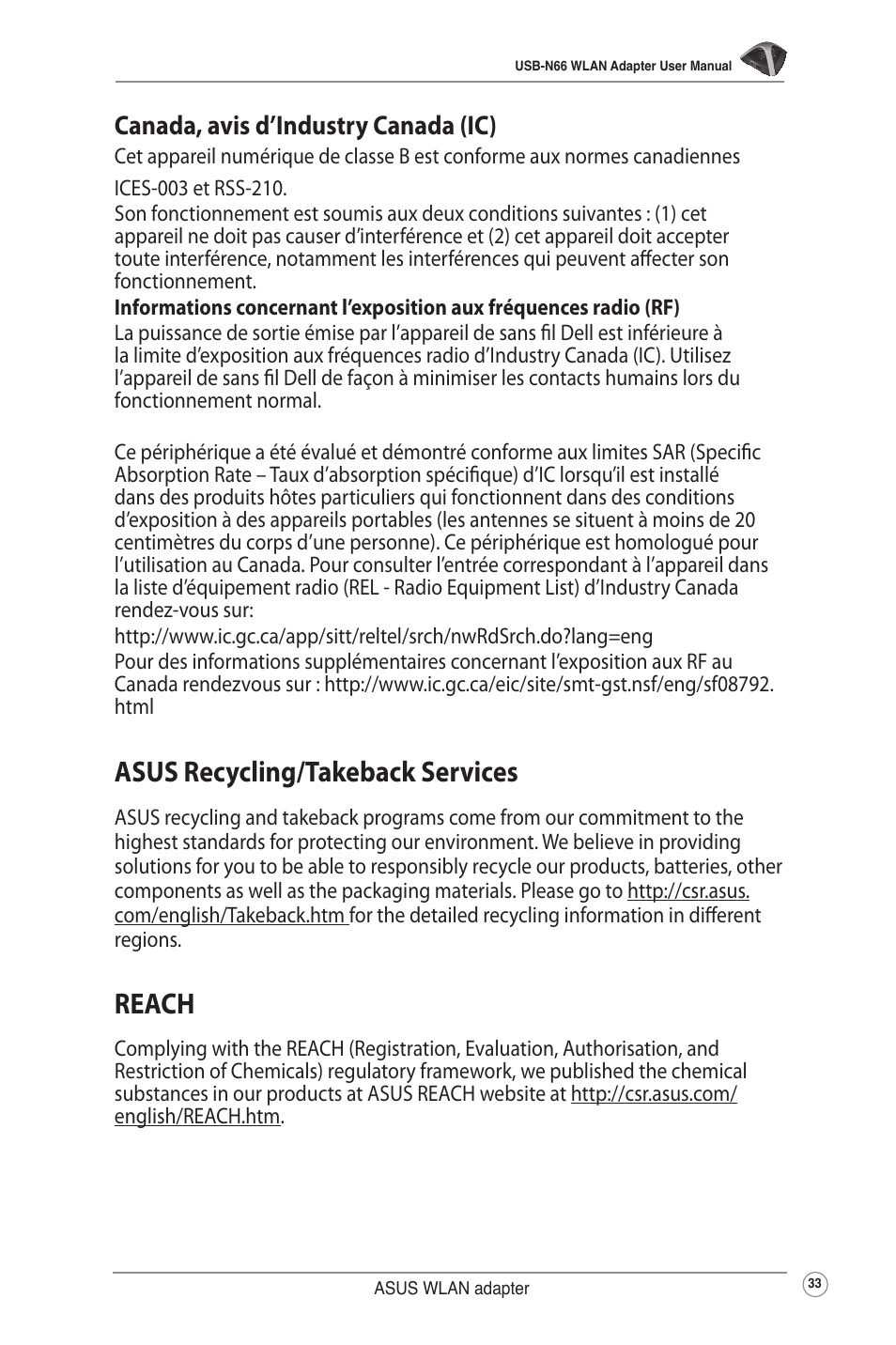Asus recycling/takeback services, Reach, Canada, avis d’industry canada (ic) | Asus USB-N66 User Manual | Page 33 / 35