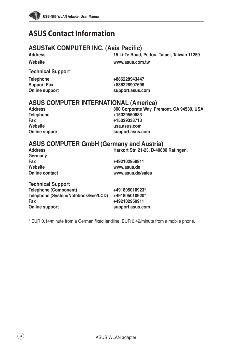 Asus contact information, Asustek computer inc. (asia pacific), Asus computer international (america) | Asus computer gmbh (germany and austria) | Asus USB-N66 User Manual | Page 34 / 35
