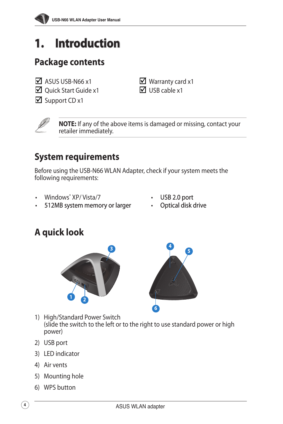 Introduction, Package contents, System requirements | Hardware, A quick look, Package contents system requirements hardware | Asus USB-N66 User Manual | Page 4 / 35