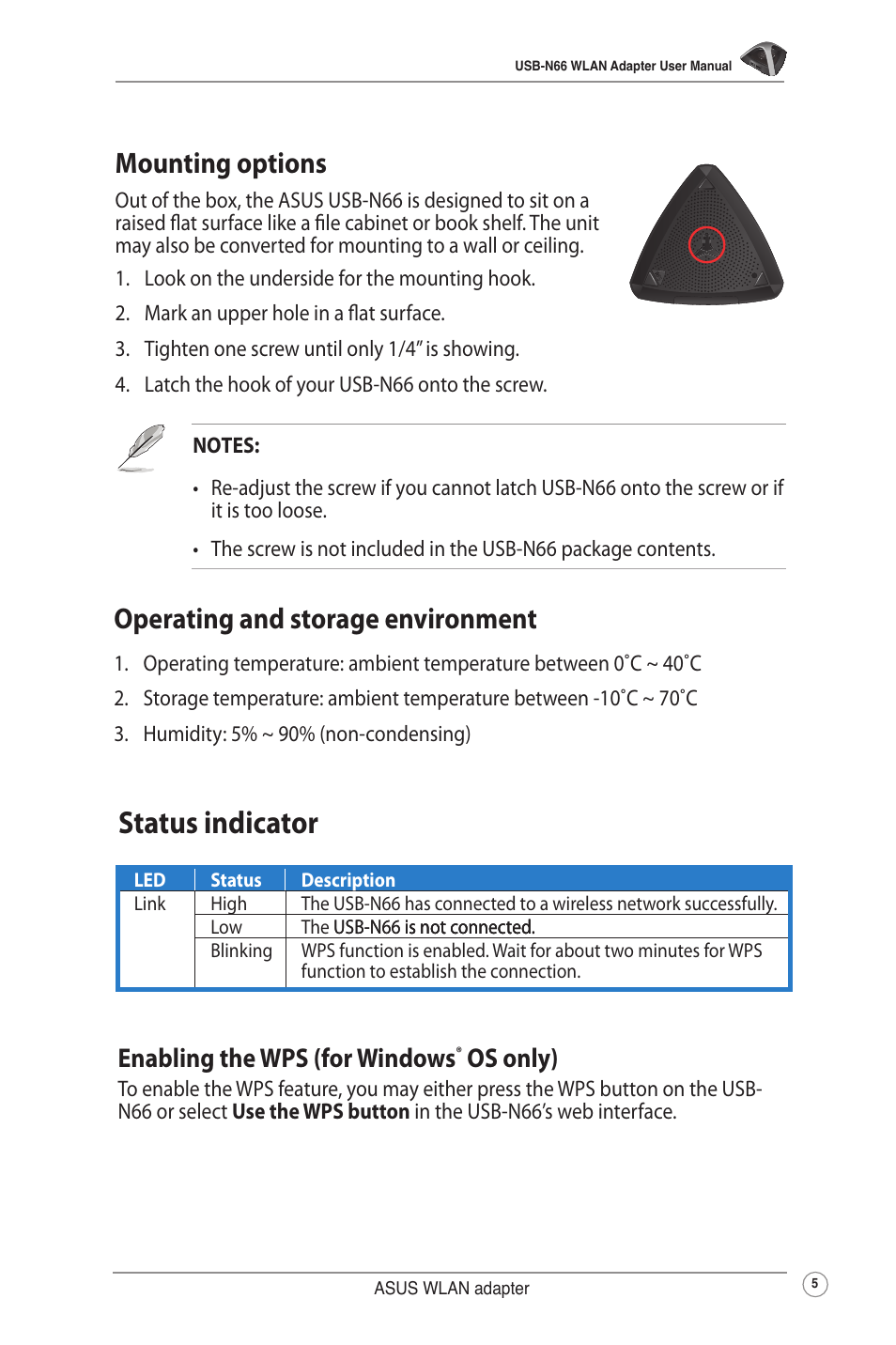 Mounting options, Operating and storage environment, Status indicator | Mounting options operating and storage environment, Enabling the wps (for windows, Os only) | Asus USB-N66 User Manual | Page 5 / 35