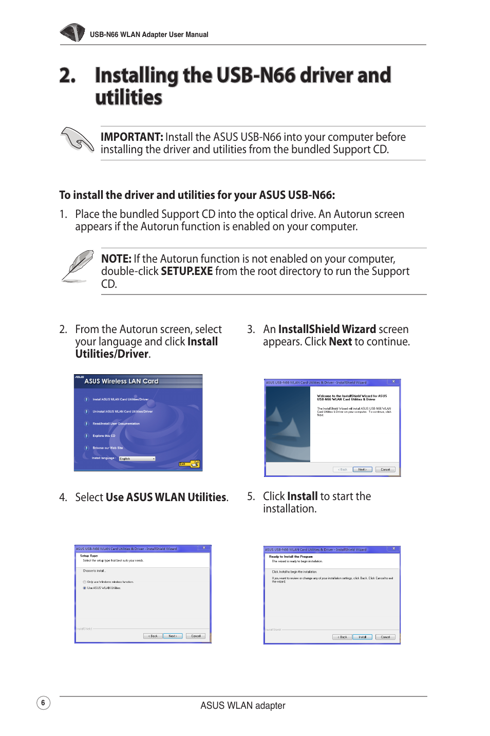 Installing the usb-n66 driver and utilities | Asus USB-N66 User Manual | Page 6 / 35