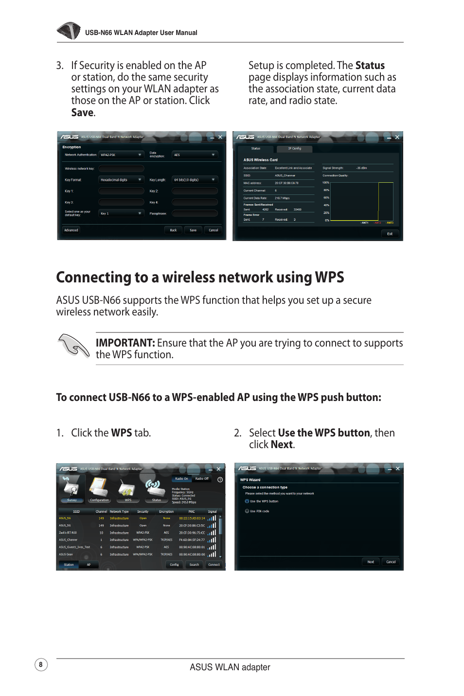 Connecting to a wireless network using wps | Asus USB-N66 User Manual | Page 8 / 35