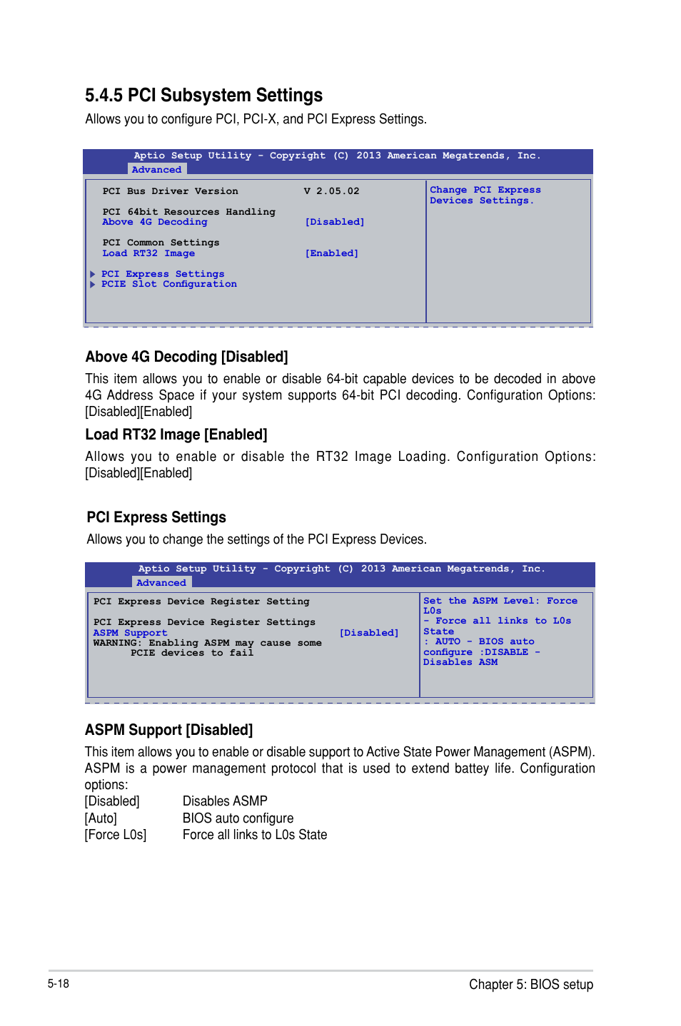 5 pci subsystem settings, Above 4g decoding [disabled, Load rt32 image [enabled | Pci express settings, Aspm support [disabled | Asus TS300-E8-PS4 User Manual | Page 100 / 170