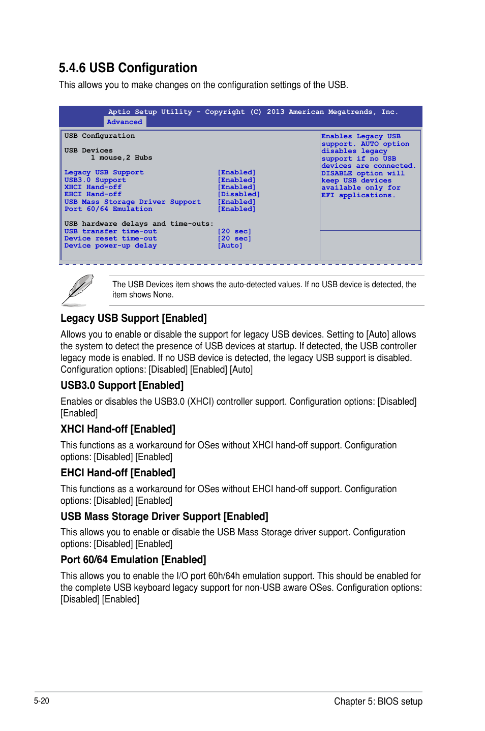 6 usb configuration, Legacy usb support [enabled, Usb3.0 support [enabled | Xhci hand-off [enabled, Ehci hand-off [enabled, Usb mass storage driver support [enabled, Port 60/64 emulation [enabled | Asus TS300-E8-PS4 User Manual | Page 102 / 170