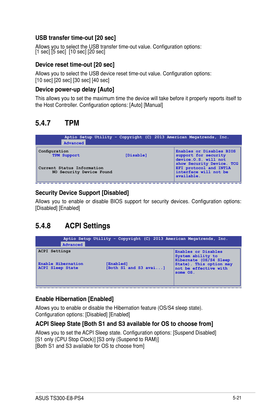 7 tpm, 8 acpi settings, Security device support [disabled | Usb transfer time-out [20 sec, Device reset time-out [20 sec, Device power-up delay [auto, Enable hibernation [enabled | Asus TS300-E8-PS4 User Manual | Page 103 / 170