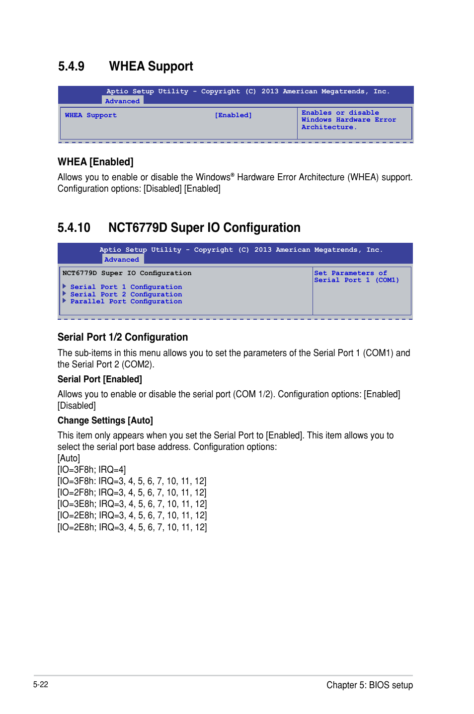 9 whea support, Whea [enabled, Serial port 1/2 configuration | Asus TS300-E8-PS4 User Manual | Page 104 / 170