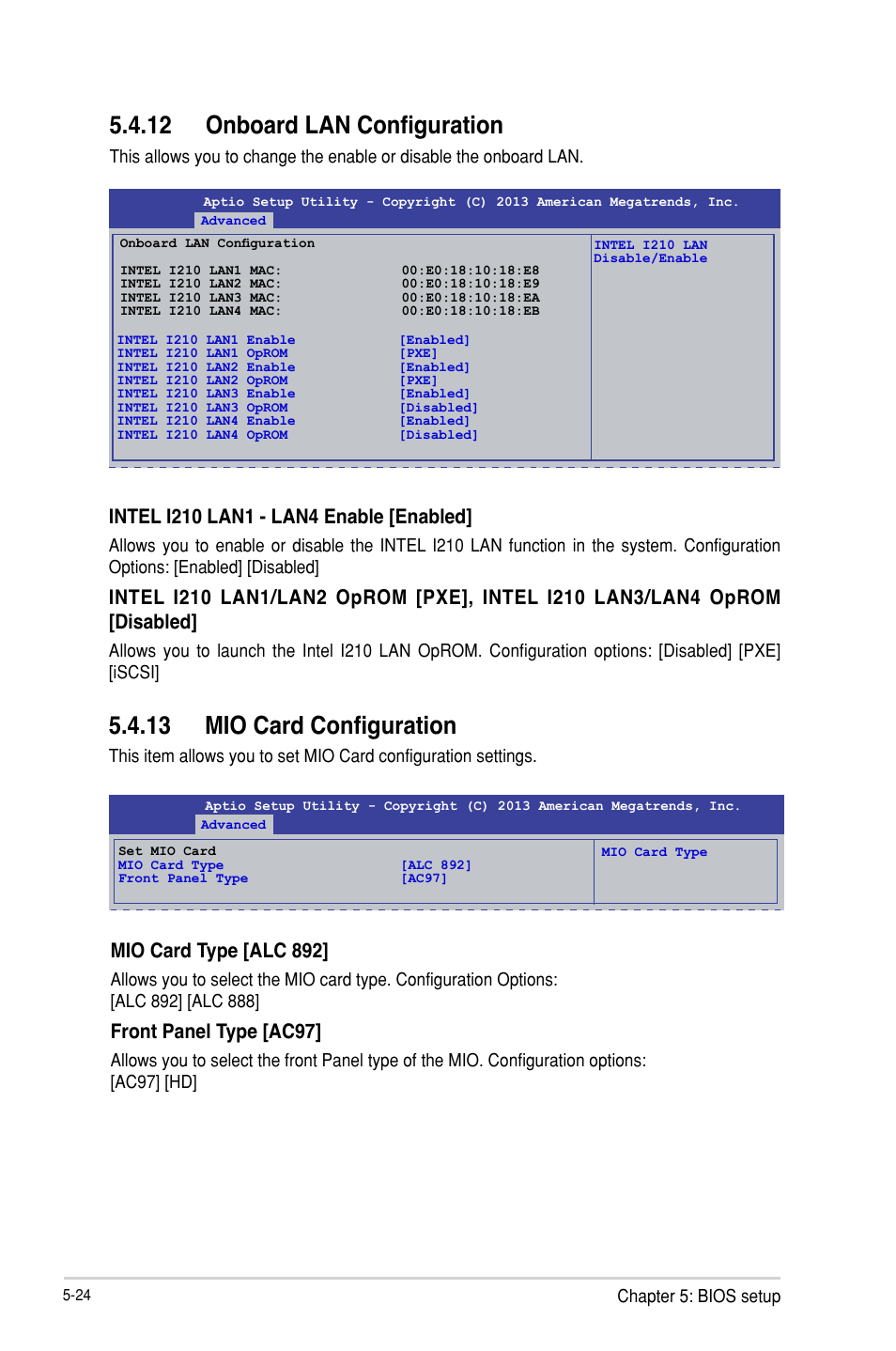 12 onboard lan configuration, 13 mio card configuration, Mio card type [alc 892 | Front panel type [ac97 | Asus TS300-E8-PS4 User Manual | Page 106 / 170