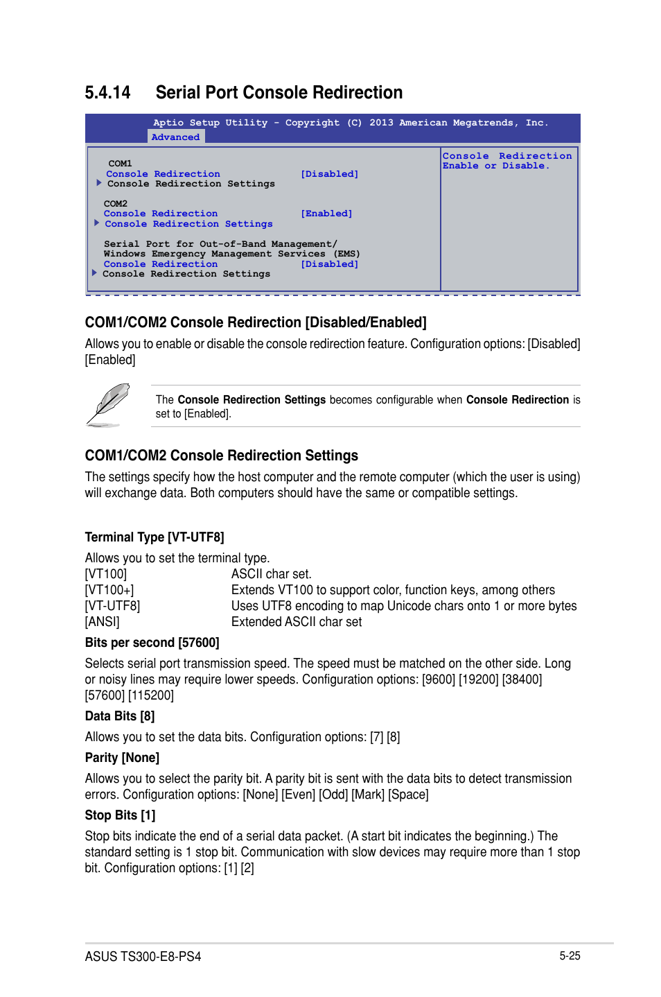 14 serial port console redirection, Com1/com2 console redirection [disabled/enabled, Com1/com2 console redirection settings | Asus TS300-E8-PS4 User Manual | Page 107 / 170