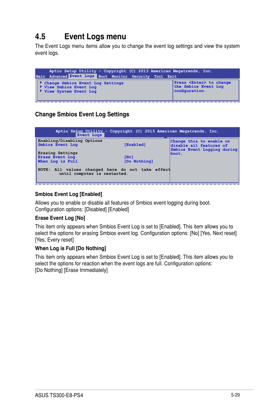 5 event logs menu, Change smbios event log settings | Asus TS300-E8-PS4 User Manual | Page 111 / 170