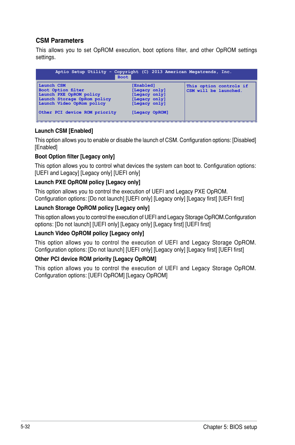 Csm parameters, Chapter 5: bios setup | Asus TS300-E8-PS4 User Manual | Page 114 / 170