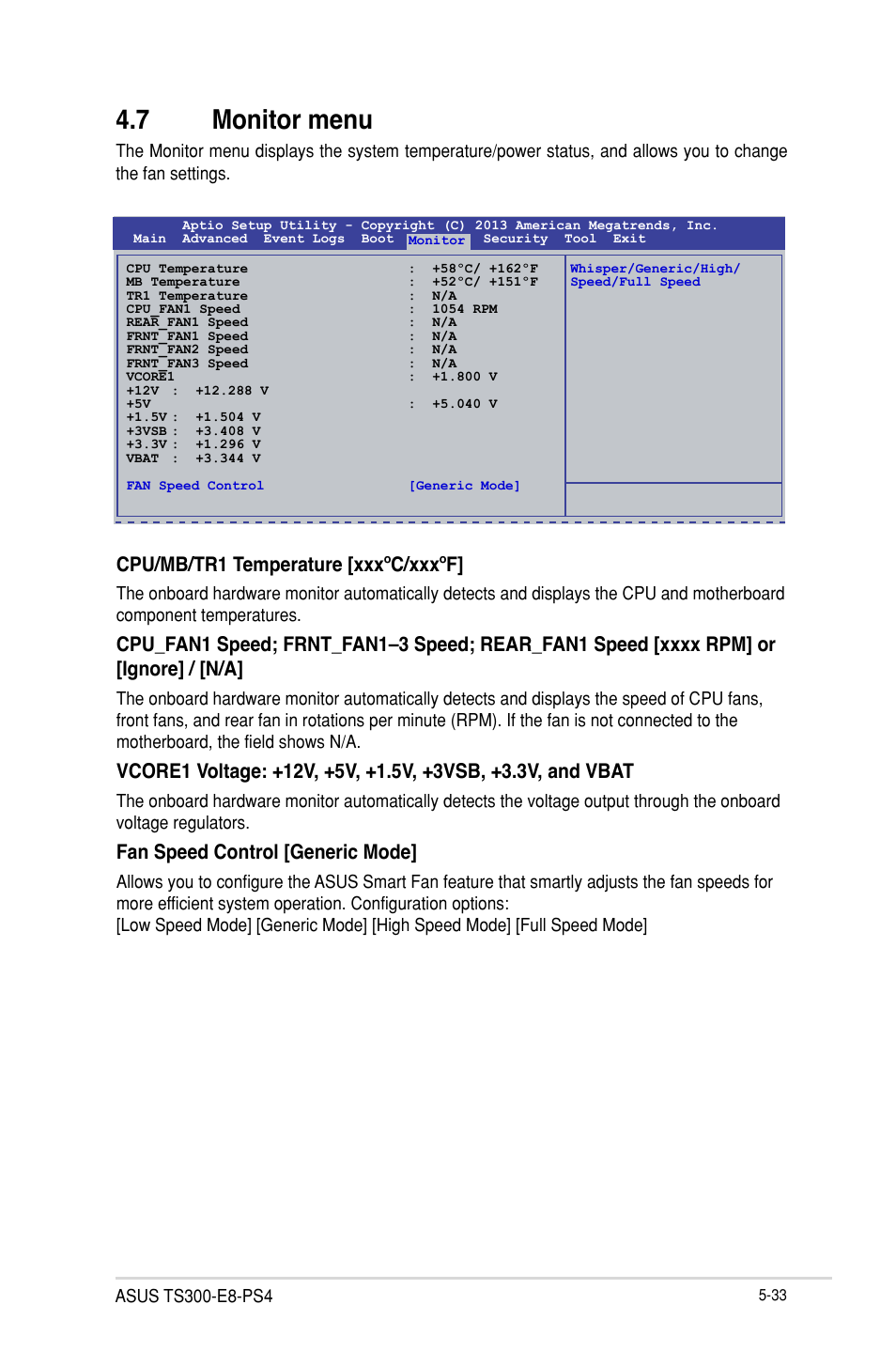 7 monitor menu, Cpu/mb/tr1 temperature [xxxºc/xxxºf, Fan speed control [generic mode | Asus TS300-E8-PS4 User Manual | Page 115 / 170