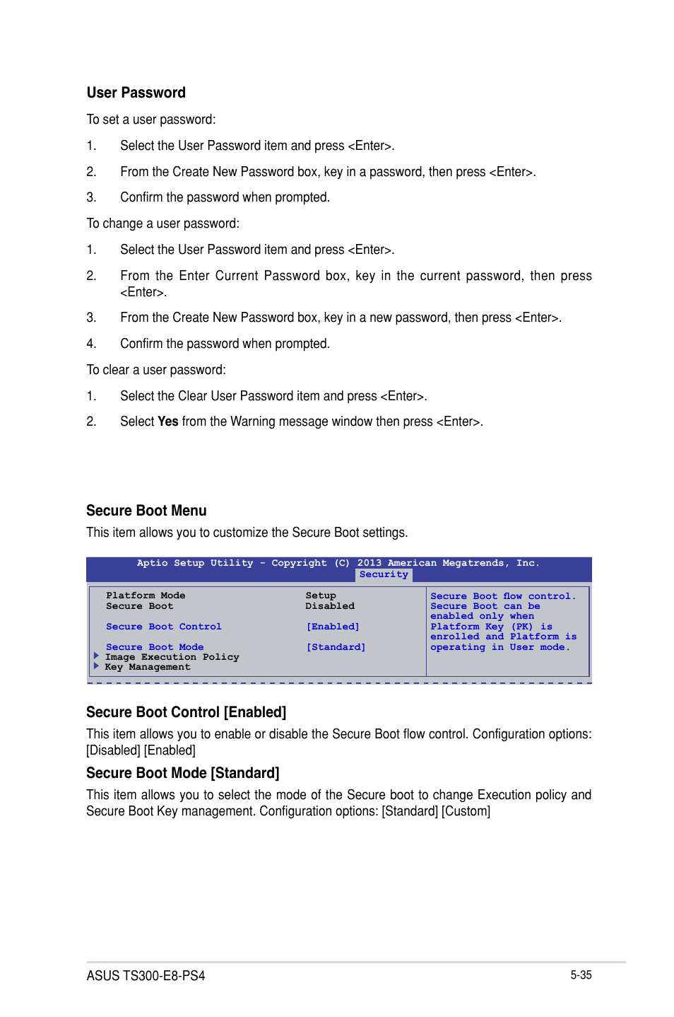 User password, Secure boot menu, Secure boot control [enabled | Secure boot mode [standard | Asus TS300-E8-PS4 User Manual | Page 117 / 170