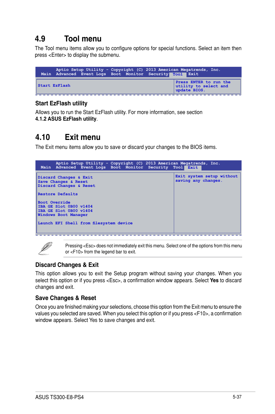 10 exit menu, 9 tool menu, Discard changes & exit | Save changes & reset, Start ezflash utility | Asus TS300-E8-PS4 User Manual | Page 119 / 170