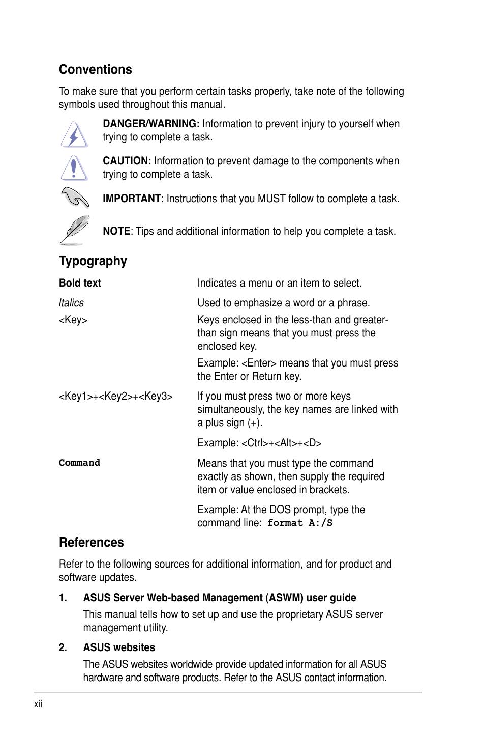 References, Conventions, Typography | Asus TS300-E8-PS4 User Manual | Page 12 / 170