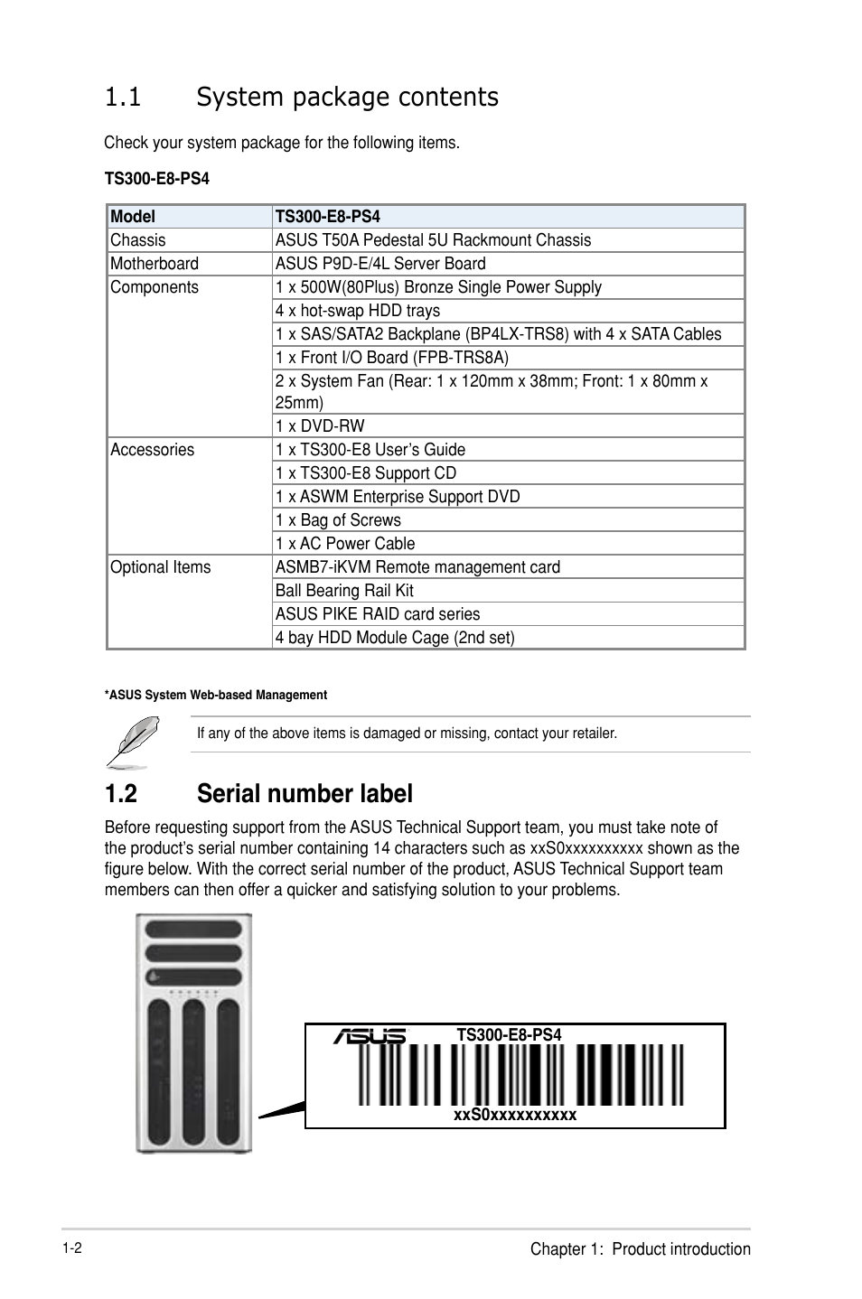 1 system package contents, 2 serial number label | Asus TS300-E8-PS4 User Manual | Page 14 / 170