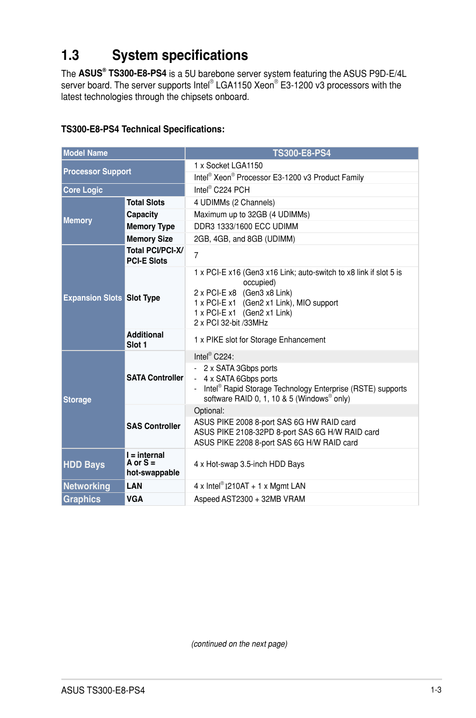 3 system specifications | Asus TS300-E8-PS4 User Manual | Page 15 / 170