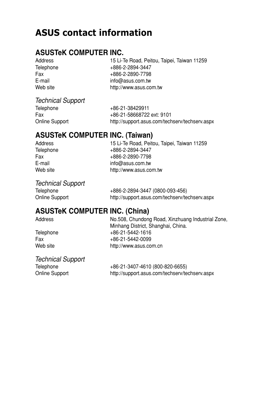 Asus contact information, Asustek computer inc, Asustek computer inc. (taiwan) | Asustek computer inc. (china), Technical support | Asus TS300-E8-PS4 User Manual | Page 167 / 170