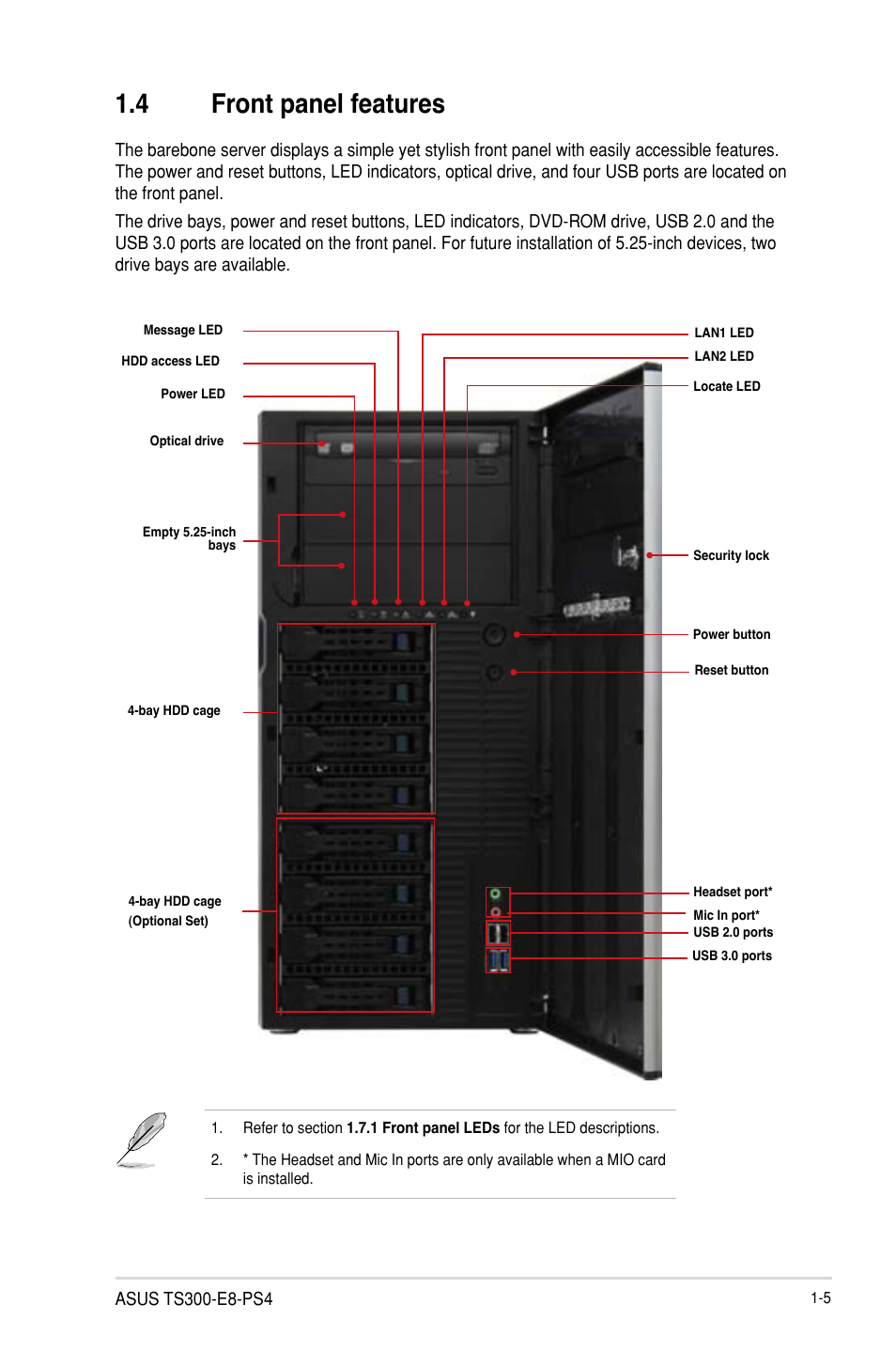 4 front panel features | Asus TS300-E8-PS4 User Manual | Page 17 / 170