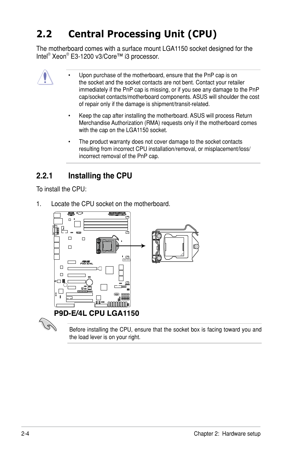 2 central processing unit (cpu), 1 installing the cpu | Asus TS300-E8-PS4 User Manual | Page 26 / 170