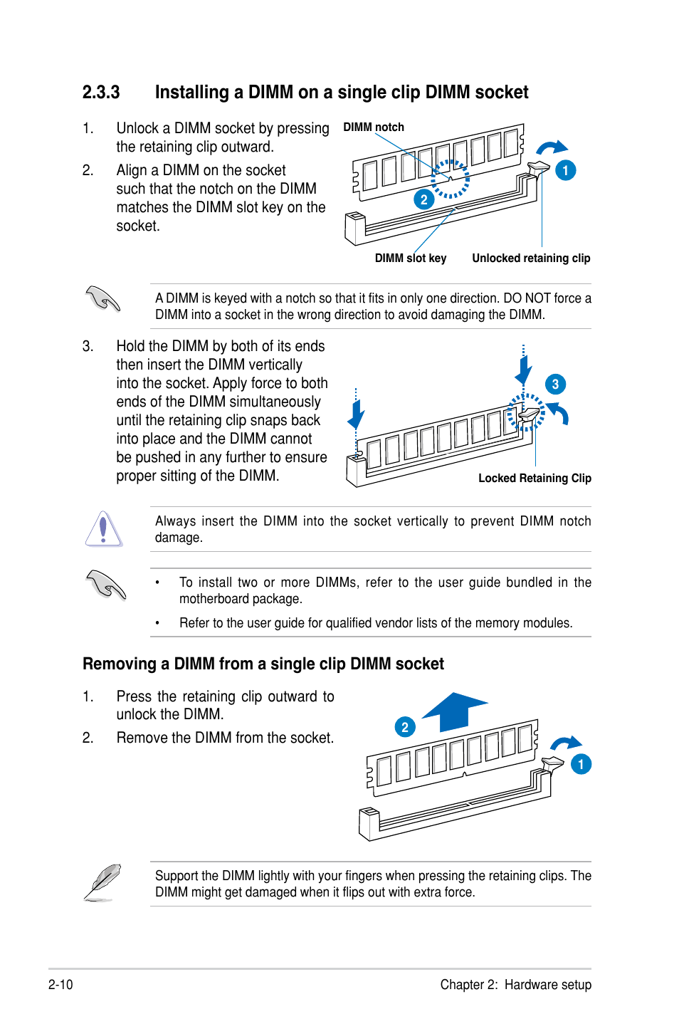 3 installing a dimm on a single clip dimm socket, Removing a dimm from a single clip dimm socket | Asus TS300-E8-PS4 User Manual | Page 32 / 170