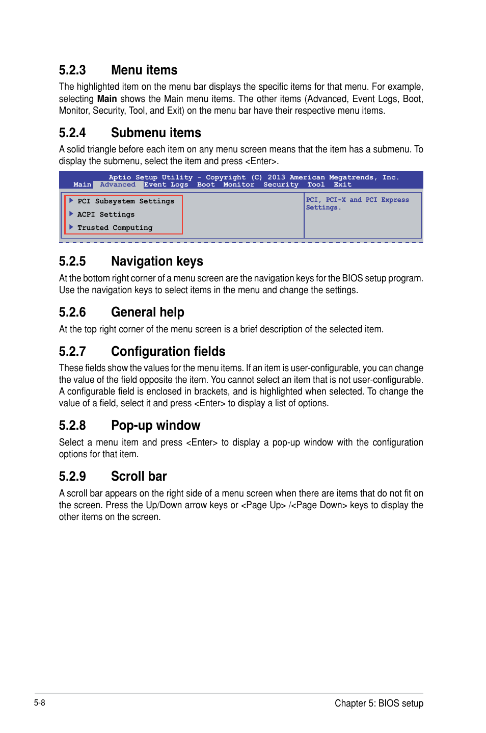 3 menu items, 4 submenu items, 5 navigation keys | 6 general help, 7 configuration fields, 8 pop-up window, 9 scroll bar | Asus TS300-E8-PS4 User Manual | Page 90 / 170