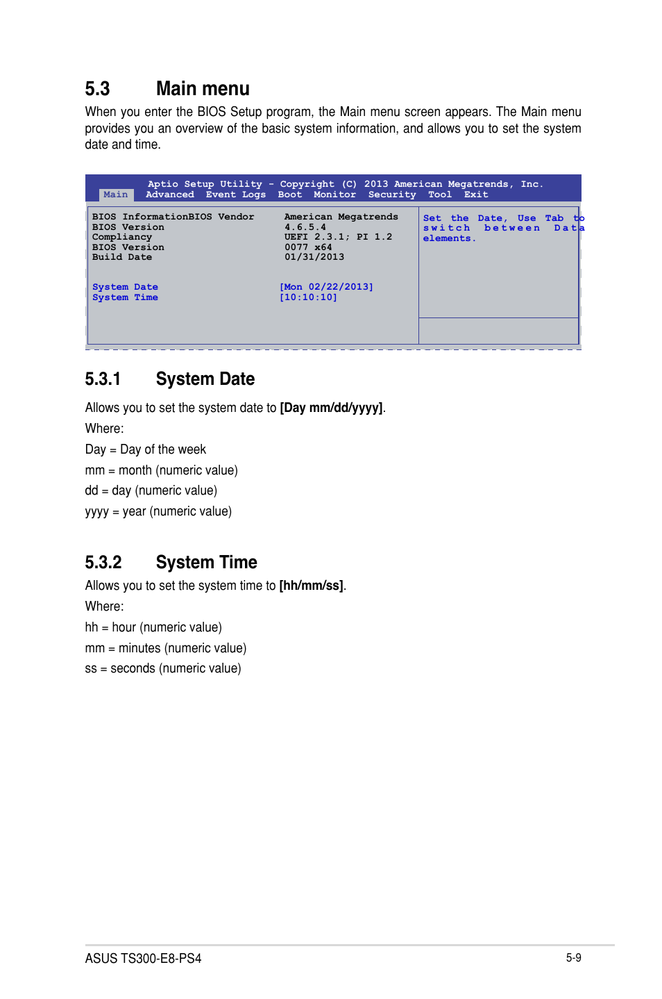 3 main menu, 1 system date, 2 system time | Asus TS300-E8-PS4 User Manual | Page 91 / 170