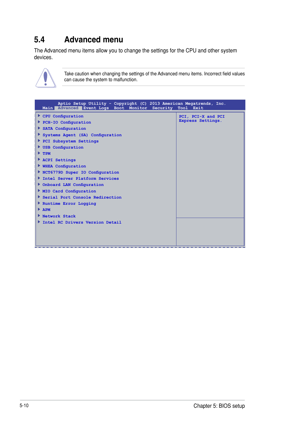 4 advanced menu, Chapter 5: bios setup | Asus TS300-E8-PS4 User Manual | Page 92 / 170