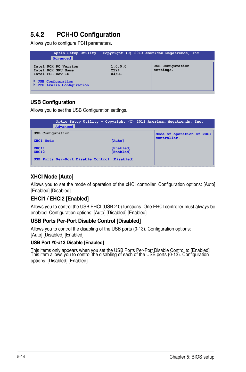 2 pch-io configuration, Usb configuration, Xhci mode [auto | Ehci1 / ehci2 [enabled, Usb ports per-port disable control [disabled | Asus TS300-E8-PS4 User Manual | Page 96 / 170